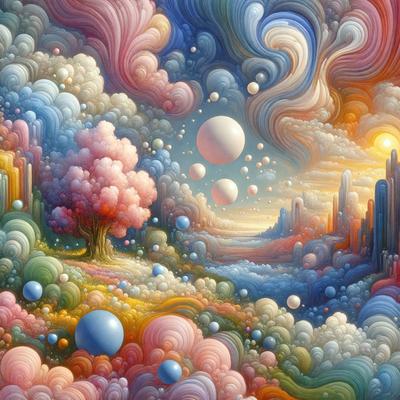 The primary subject of the image is a tree, which is located in the middle of a vibrant and colorful landscape. The setting includes a sky filled with various shapes and colors, creating a whimsical and surreal atmosphere. The visual style of the image is a combination of digital art and illustration, with a focus on intricate details and a lively color palette. The colors and mood of the scene are predominantly bright and cheerful, with a sense of wonder and creativity.